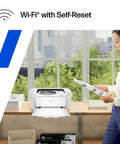 Woman using LaserJet M110w Black And White Wireless Printer For Small Teams on desk by window, compact design