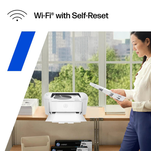 Woman using LaserJet M110w Black And White Wireless Printer For Small Teams on desk by window, compact design