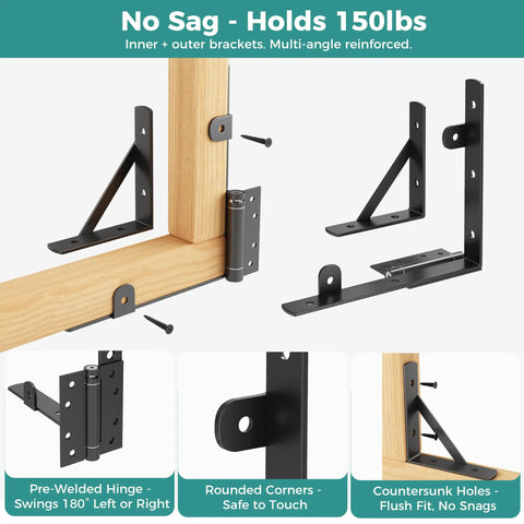 Self-Close Wooden Gate Hardware Kit With Heavy-Duty Bracket And Spring Hinge, Adjustable Tension For Quiet, No Slam Gates, DIY Gate System For Wood Fences And Arbors; no-sag 150lb black steel brackets