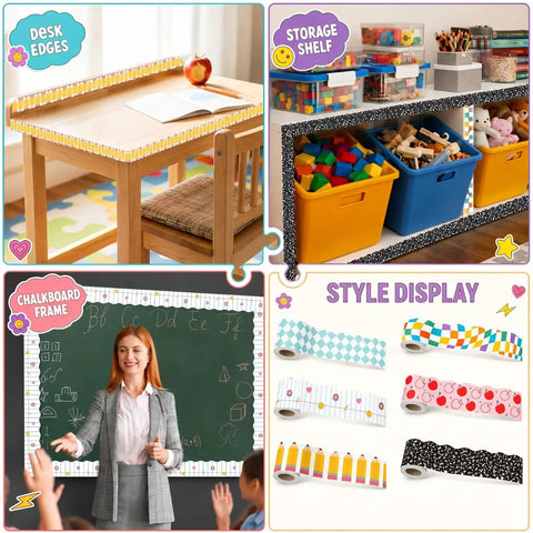 Six Back To School Bulletin Board Borders Set 198 Feet Total With 2.36 Inch Wide Rolls Checked Pencil Notebook Classroom Decor