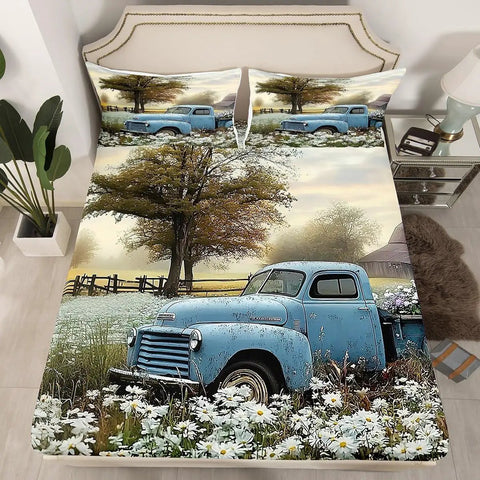 Farmhouse Queen Size Bed Sheets Set With Floral White Flowers And Blue Car Print, Ultra Soft Microfiber
