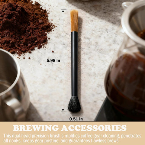 Dual Head Coffee Grinder And Espresso Machine Cleaning Brush With Stiff Bristles For Deep Ground Residue And Grinder Gunk And Soft Bristles For Gentle Dusting On Surfaces, Barista Style Kitchen Cleaner For Home, Cafe, And Bar Equipment on marble countertop.