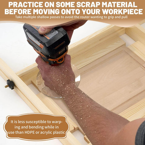 Person using Juice Groove Router Jig With 8 Spacers, Adjustable Groove Guide For Cutting Boards Up To 22 X 29 Inches on wood.