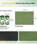 Packaging and material view of 4 ft by 50 ft dual-color reversible weed barrier fabric, showing black and green sides.