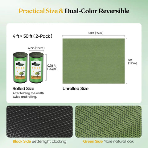 Packaging and material view of 4 ft by 50 ft dual-color reversible weed barrier fabric, showing black and green sides.