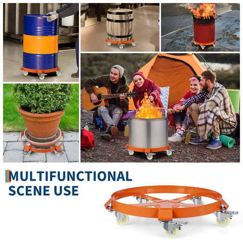 Workhorse Heavy Duty Drum Dolly With 4 Wheels, Steel Oil Barrel Cart For Moving Bulk Cylinders, multiple uses and scenes shown.