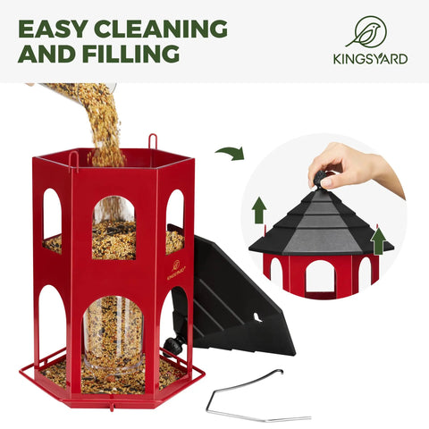 Heavy Duty Metal Bird Feeder For Outdoor Hanging With Circular Perch, Squirrel Proof Chew Proof Design, Weatherproof And Rust Resistant Finish, Easy To Clean And Refill, 4 Lb Seed Capacity, Red