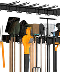Heavy Duty Garage Storage Rack System Wall Mounted Tool Organizer With Eight Double Hooks And Three Rails For Garden Tools Brooms Rakes Shovels Ski Gear And More Fits Standard Two By Four Stud Spacing installed view with tools