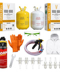 Pro Grade Open Cell Spray Foam Insulation Kit With Hose And Gun Included, contains components A and B, safety glasses, gloves.