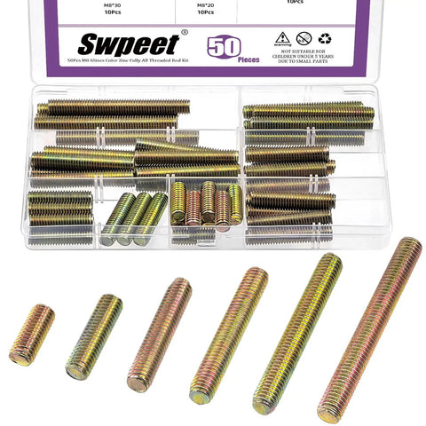 50 Piece Fully Threaded Rod Kit In M8 20mm 30mm 40mm 50mm 60mm And 70mm Galvanized Carbon Steel Threaded Rods in plastic case