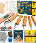 Kid Safe Wood Carving Starter Kit With Round Tip Safety Knives, Cut Resistant Gloves, Tape, And Storage Bag in yellow set.