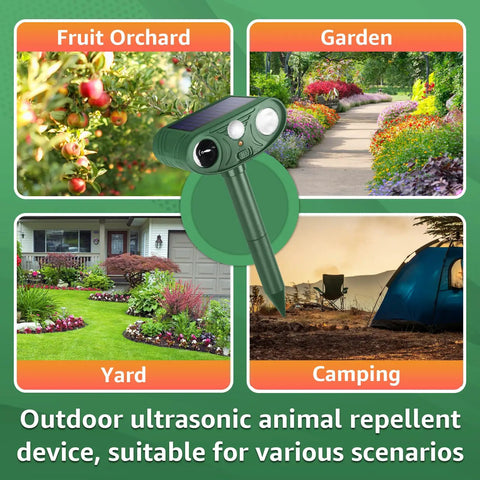 Solar Powered Ultrasonic Animal Repellent For Outdoor Yards And Gardens With Motion Sensor And Strobe Light Dual Mode Audible Alarm Or 25KHz Ultrasonic Deterrent Weatherproof Critter Shield Against Rodents Coyotes And Raccoons in garden and yard