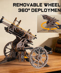 Anti-Aircraft Gun 3D Wood Puzzle For Adults And Teens, DIY Building Set with removable wheels displayed on a desk.