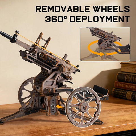 Anti-Aircraft Gun 3D Wood Puzzle For Adults And Teens, DIY Building Set with removable wheels displayed on a desk.