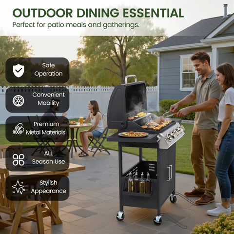 Four Burner Propane Gas BBQ Grill With 40,000 BTU Power, Stainless Steel Build, 459 Sq In Cooking Surface on a patio