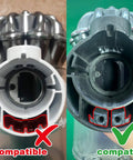Image showing comparison of compatible and incompatible vacuum heads for Dyson V6 Quick Release Extension Wand Replacement Accessory.