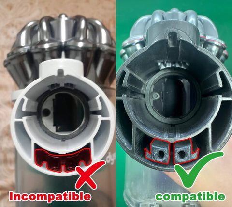 Image showing comparison of compatible and incompatible vacuum heads for Dyson V6 Quick Release Extension Wand Replacement Accessory.