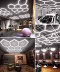 Eight Hexagon Garage Light With 350W 5000K Daylight LED installed in home gym, workshop, barbershop, and detailing bay