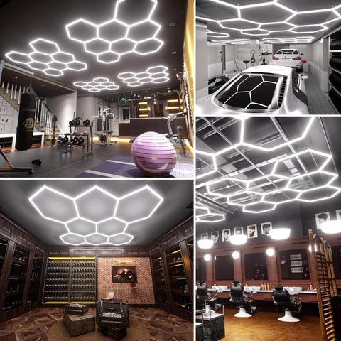 Eight Hexagon Garage Light With 350W 5000K Daylight LED installed in home gym, workshop, barbershop, and detailing bay