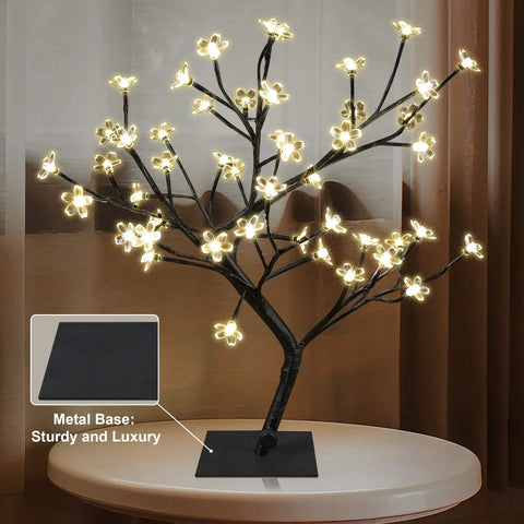 18 Inch Cherry Blossom Bonsai Tree With 48 LED Lights Warm White Glow 24V UL Listed Adapter Included Metal Base Ideal Night Light For Bedroom Or Living Room Cozy Home Decor Gift Idea on table