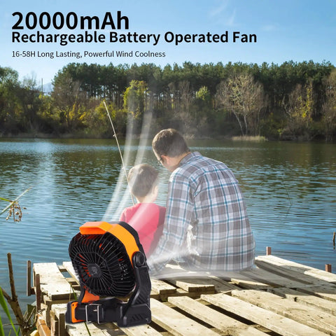 Powerful Battery Powered Camping Fan With 20000mAh Battery Rechargeable Outdoor Tent Fan beside man and child on dock