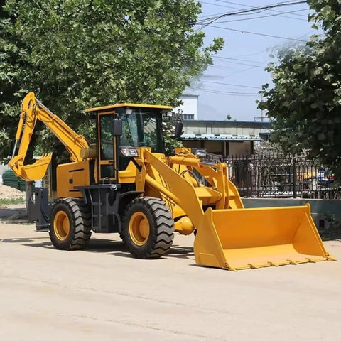 Heavy Duty 4X4 Backhoe Loader With Front Loader And Rear Excavator Arm 2.2m Digging Depth shown parked outside, side view.