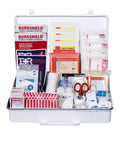 Class B OSHA/ANSI compliant first aid kit in white wall-mount plastic case with 190-piece emergency medical supplies.