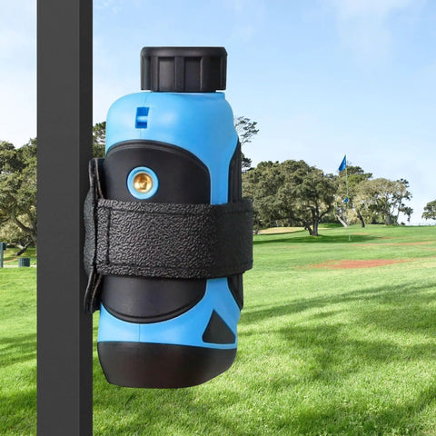 Dope Golf Rangefinder Magnetic Holder With Adjustable Strap for golf cart railing, showing blue rangefinder secured by black PU strap.