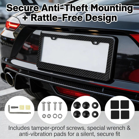 Slick Real Carbon Fiber License Plate Frame 2 Hole Slim Black Gloss Car Tag Holder Rust Proof Rattle Free Badge Mount with screws.