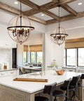 Farmhouse Globe Pendant Light Chandelier with Oak White and Oil Rubbed Bronze over kitchen island, rustic retro ceiling fixture