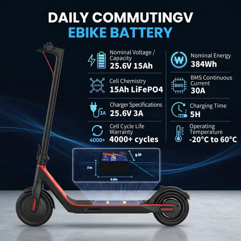 Heavy Duty 24V 15Ah LiFePO4 Battery Pack For DIY Electric Scooters And Vehicles Giving 4000 Plus Deep Cycle Life displayed on eBike.