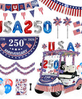 Fourth Of July Golf Cart Decorations Kit For 250th Anniversary Parade Includes 250th Banner Fan Flags Foil Fringe Garland Pinwheels USA 250 Foil Balloon Latex Balloons String Pennants And More For Independence Day Celebration