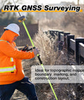 Man using Rock Solid Aluminum Survey Pole Six Point Five Foot Long Rugged Gps Rover Rod for RTK GNSS measurements outdoors.