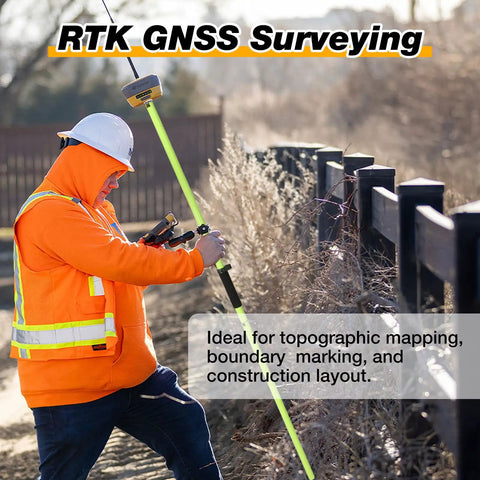 Man using Rock Solid Aluminum Survey Pole Six Point Five Foot Long Rugged Gps Rover Rod for RTK GNSS measurements outdoors.