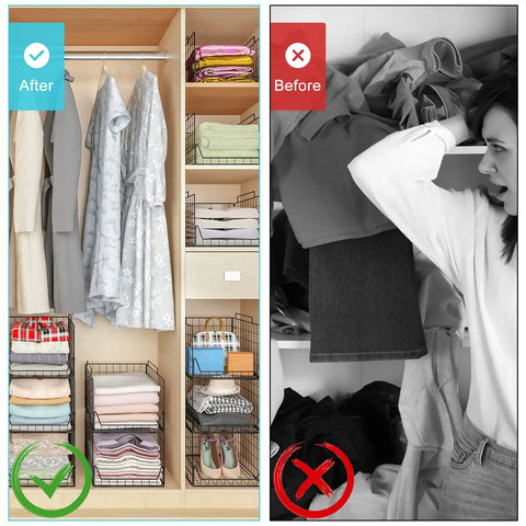 Before and after using Stackable Closet Organizer Bins 4 Pack For Wardrobe And Laundry Room, Foldable Drawer Shelf Storage in closet