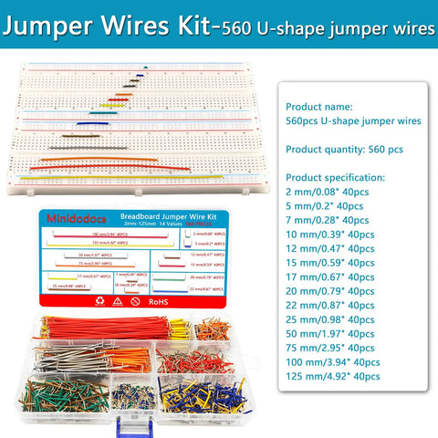 Extensive 560 Pcs Jumper Wire And Breadboard Kit With 14 Lengths, wire specifications, and storage box for prototyping.
