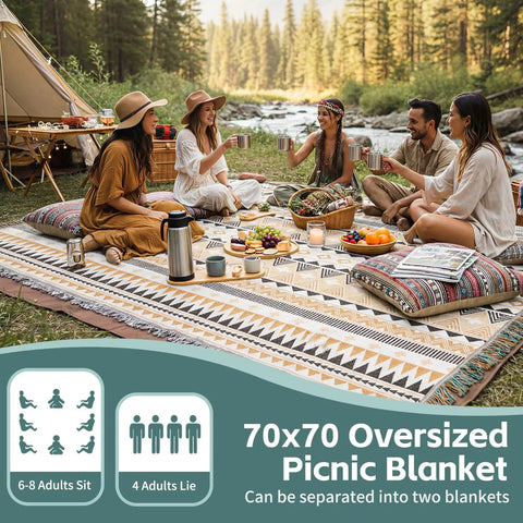 2 In 1 Extra Large Boho Beach Blanket Towel Giant Woven Outdoor Picnic Mat for Camping and Travel used by friends outdoors