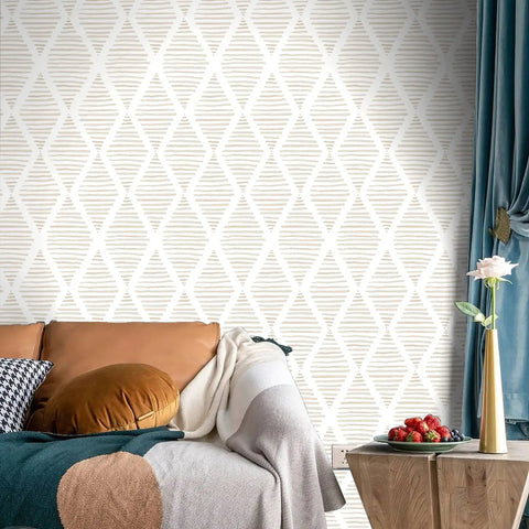 Modern Stripe Peel And Stick Wallpaper Beige And White Geometric Self Adhesive Wall Covering Vinyl For Bedroom Walls Drawers And Cabinets 17.7 X 78.7 Inches Waterproof Removable And Easy Clean Totally Upgrades Your Space room setting