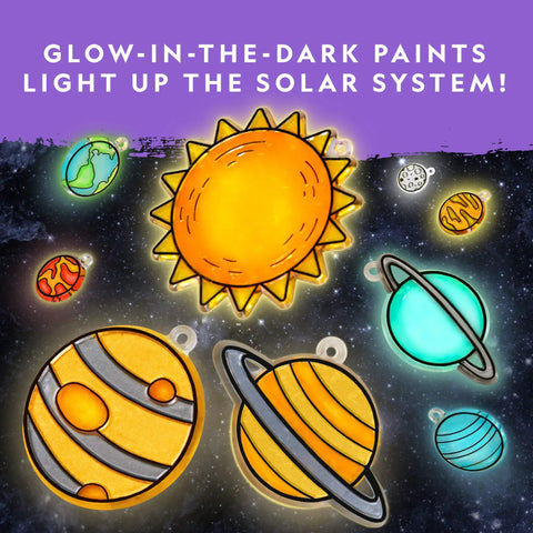 Solar System Stained Glass Suncatcher Craft Kit For Kids With Acrylic Sun And Planets, Glow In The Dark And Metallic Paints, Suction Cups And Hanging Supplies For Window Art Or Mobile, Build Your Own Outer Space Decor; painted space craft display