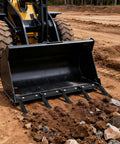 Heavy Duty 46 Inch Bucket Tooth Bar With 5 Tough Teeth For Tractor Loader And Skid Steer Bolt On Curved Design, digging through dirt.