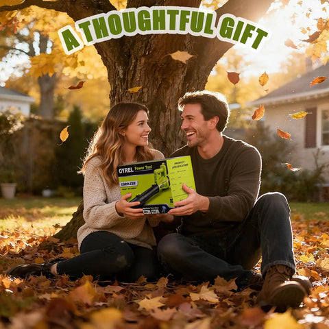 Couple holding Cordless Leaf Blower With Dual 4Ah Batteries And Charger in a garden during autumn