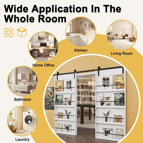 Paintable 36x84 Barn Door With 6.6 Ft Hardware Kit delivers space-saving sliding design and built-in storage shelf in various rooms.