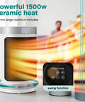Smart 1500W Space Heater With WiFi Thermostat Remote And 12 Hour Timer Delivers Fast Even Indoor Heat For Living Rooms And Offices With Ceramic PTC Heating For Cozy Comfort All Winter, showing digital display and swing function.