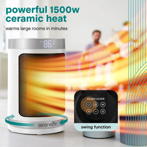 Smart 1500W Space Heater With WiFi Thermostat Remote And 12 Hour Timer Delivers Fast Even Indoor Heat For Living Rooms And Offices With Ceramic PTC Heating For Cozy Comfort All Winter, showing digital display and swing function.