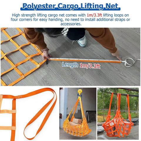 Heavy Duty Tear Resistant Cargo Lifting Net Square Nylon Sling For Trucks And Warehouses With Sturdy Lifting Rings, 1m length shown.