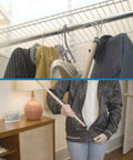 Deluxe 28 Inch Long Wood Dressing Stick With Vinyl Coated Push Pull Hook For Easy Dressing On And Off Therapist Recommended Self Help Reach Tool For Shirts Pants Skirts And Shoes, person using it to reach hanging clothes