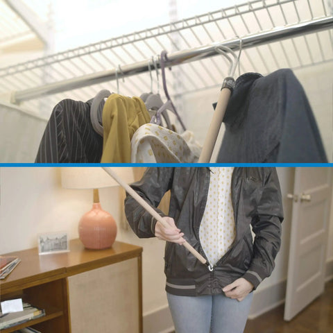 Deluxe 28 Inch Long Wood Dressing Stick With Vinyl Coated Push Pull Hook For Easy Dressing On And Off Therapist Recommended Self Help Reach Tool For Shirts Pants Skirts And Shoes, person using it to reach hanging clothes