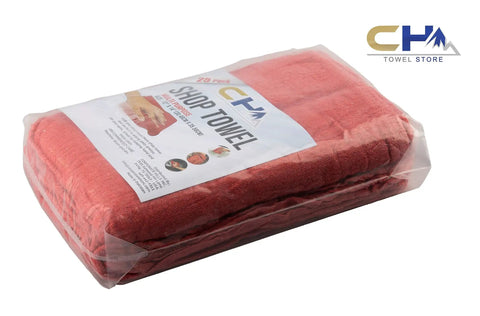 Pack of 25 red cotton shop towels in packaging, labeled 100 percent cotton multipurpose mechanic garage rags, 12x14 inches.