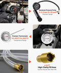 Shop Grade Radiator Coolant Pressure Tester Kit With Vacuum Refill Tool Universal Adapters showing aluminum pressure pump and precision thermometer.