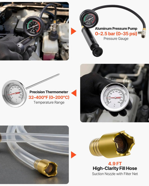 Shop Grade Radiator Coolant Pressure Tester Kit With Vacuum Refill Tool Universal Adapters showing aluminum pressure pump and precision thermometer.